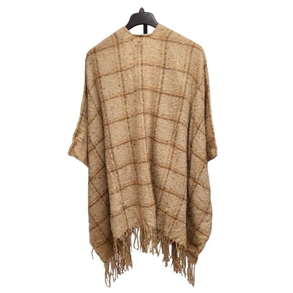Modena Wrap Womens One Size Tan Window Pane Check  Fringed Poncho Ruana - Picture 3 of 7